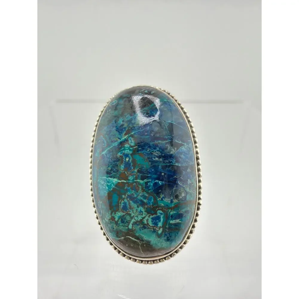 Large Oval Chrysocolla Twisted Rope Border 925 Sterling Silver Ring Size 7.5